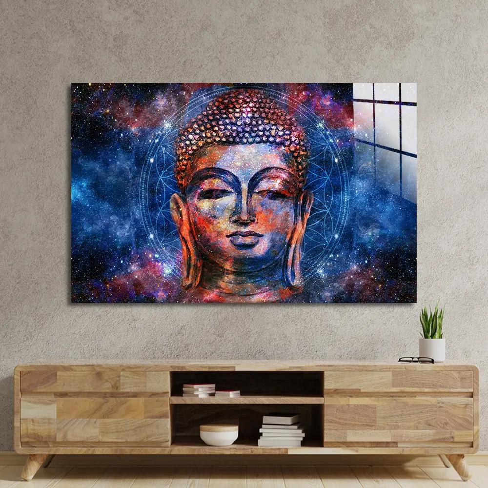 Budha glass wall art above furniture